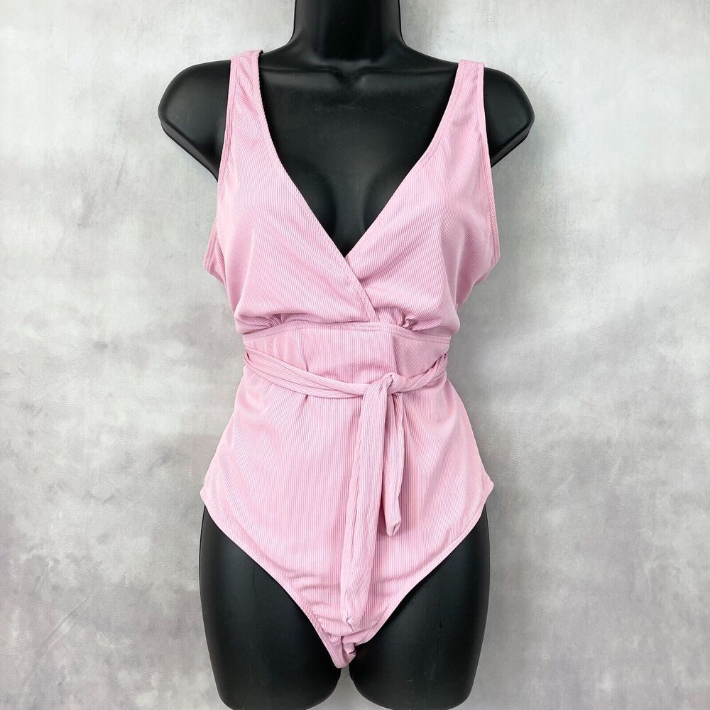 Pink Ribbed Belted Swimsuit Womens Large Surplice‎ Top Beachy Summer Feminine